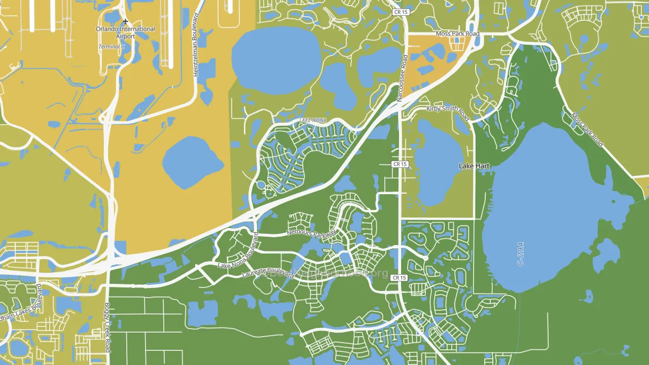 Map of the best neighborhoods in the Lake Nona, Orlando area, with better matches in green and worse matches in red