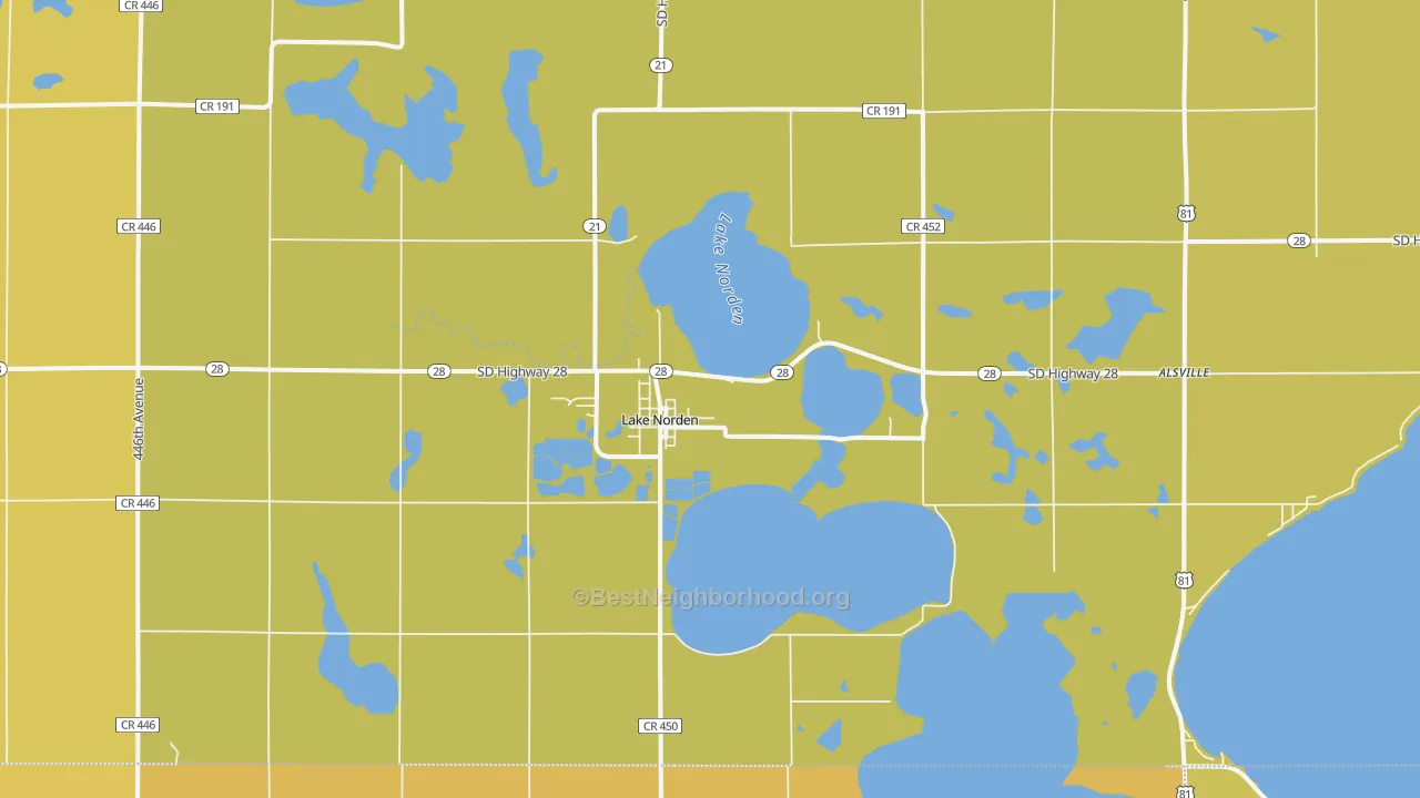 Map of the best neighborhoods in the Lake Norden area, with better matches in green and worse matches in red