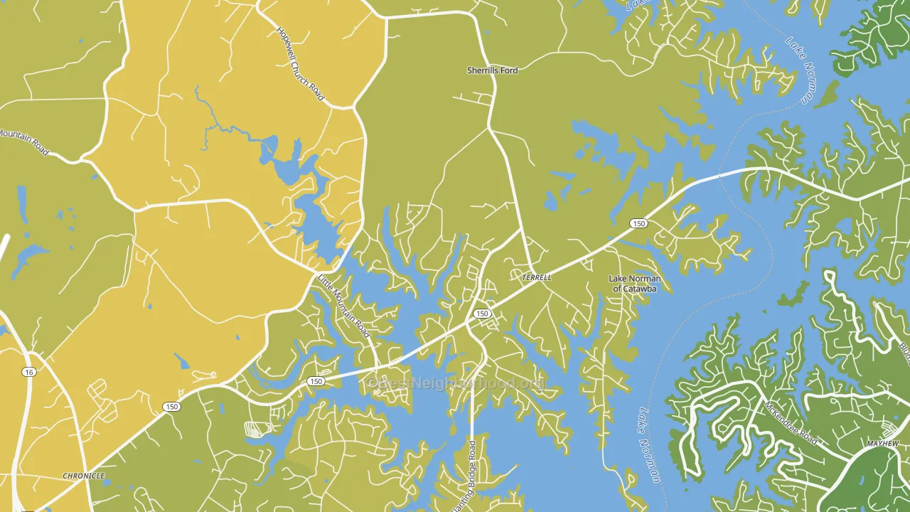 Map of the best neighborhoods in the Lake Norman of Catawba area, with better matches in green and worse matches in red