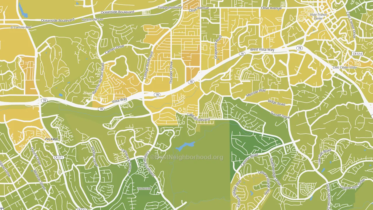Map of the best neighborhoods in the Lake, Oceanside area, with better matches in green and worse matches in red