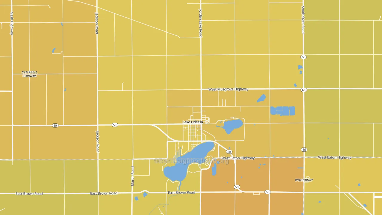 Map of the best neighborhoods in the Lake Odessa area, with better matches in green and worse matches in red