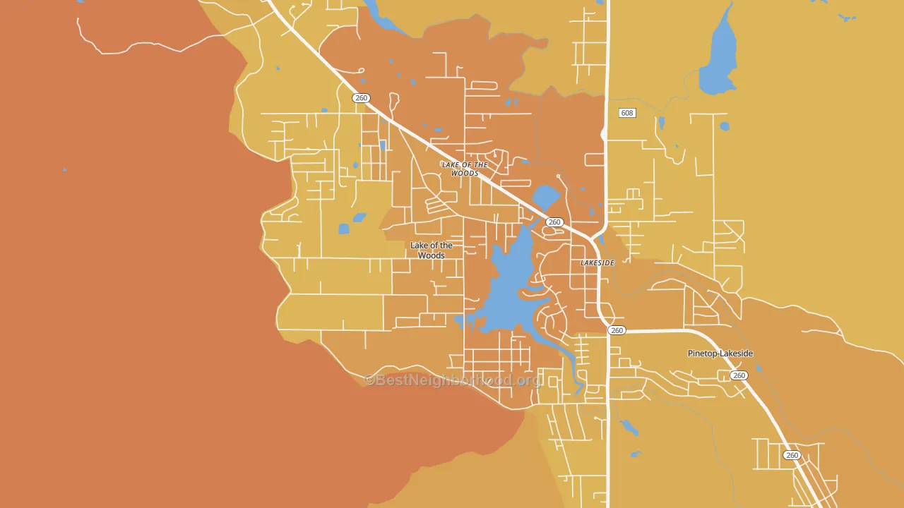 Map of the best neighborhoods in the Lake of the Woods area, with better matches in green and worse matches in red