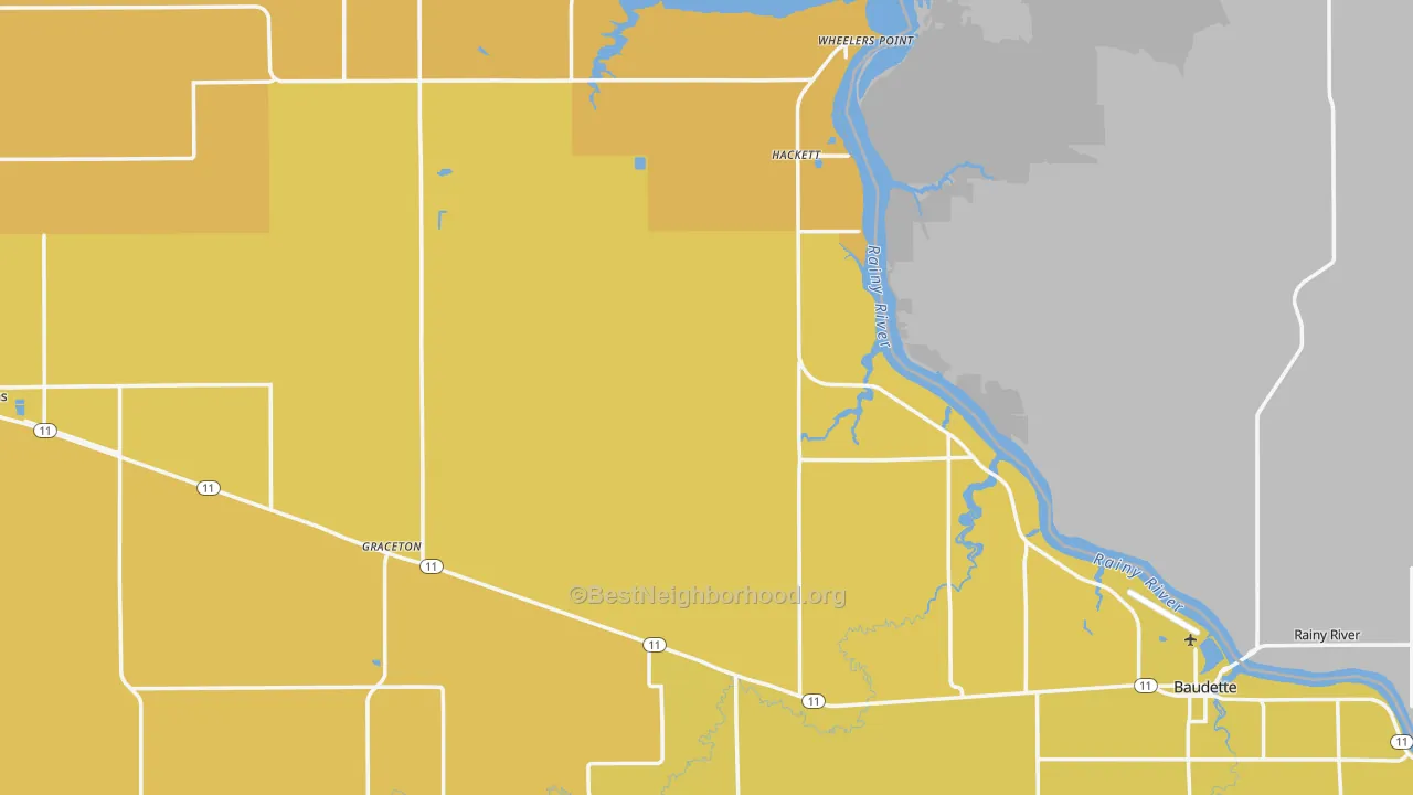 Map of the best neighborhoods in the Lake of the Woods County area, with better matches in green and worse matches in red