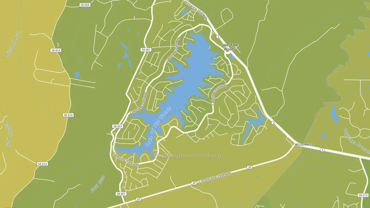 Map of the best neighborhoods in the Lake of the Woods area, with better matches in green and worse matches in red
