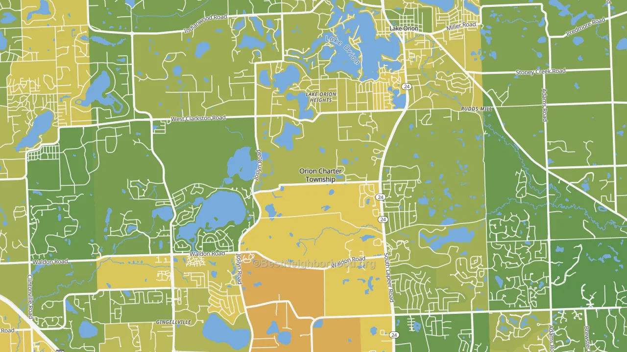 Map of the best neighborhoods in the Lake Orion area, with better matches in green and worse matches in red