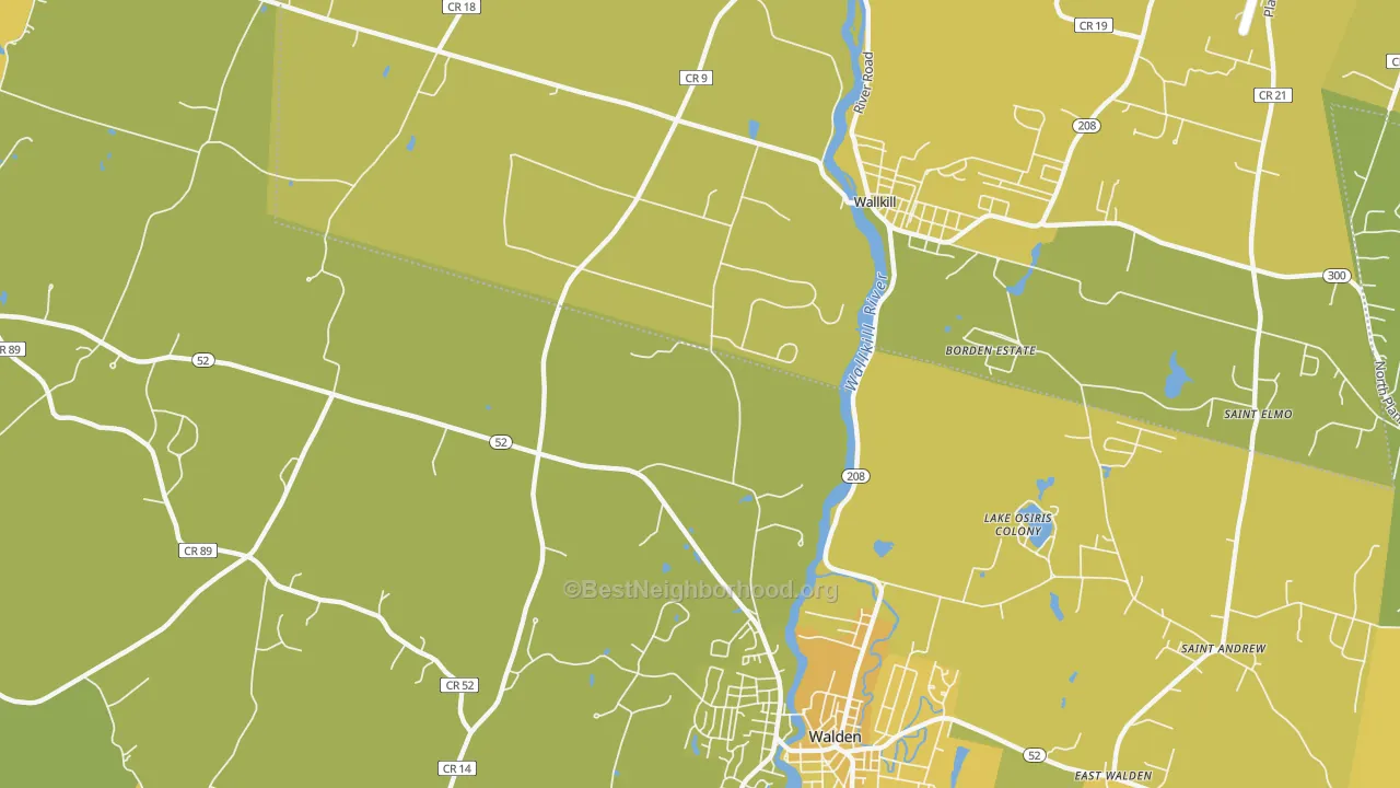 Map of the best neighborhoods in the Lake Osiris Colony area, with better matches in green and worse matches in red