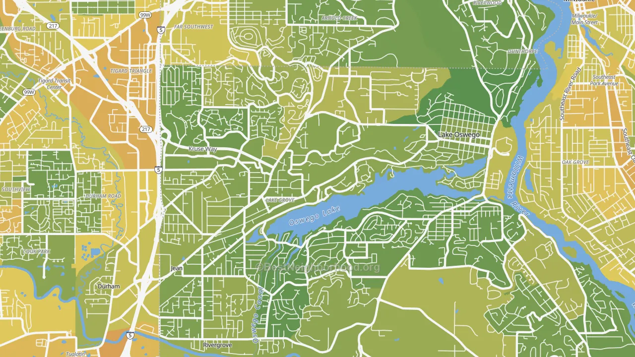 Map of the best neighborhoods in the Lake Oswego area, with better matches in green and worse matches in red