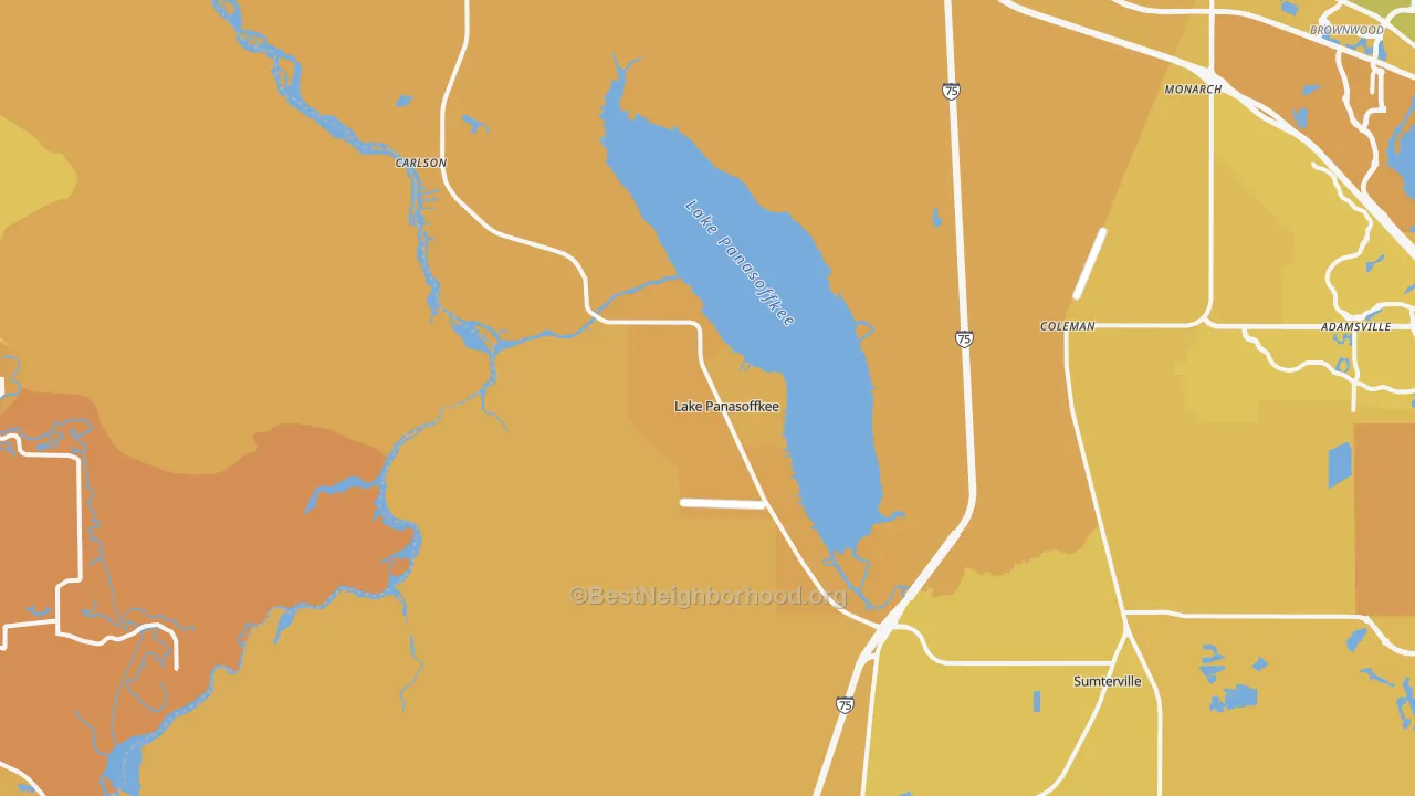 Map of the best neighborhoods in the Lake Panasoffkee area, with better matches in green and worse matches in red