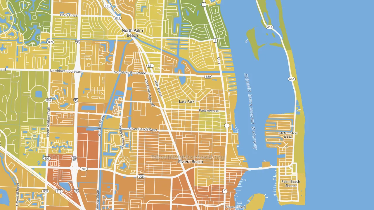 Map of the best neighborhoods in the Lake Park area, with better matches in green and worse matches in red