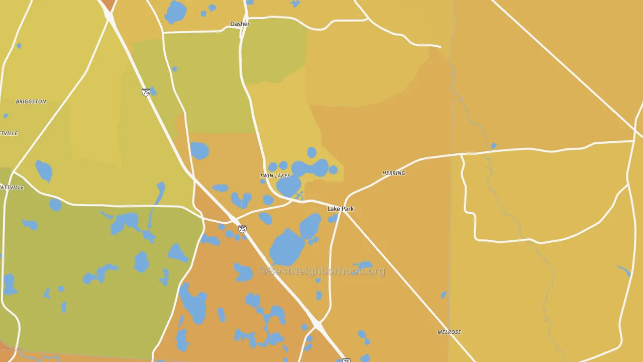 Map of the best neighborhoods in the Lake Park area, with better matches in green and worse matches in red