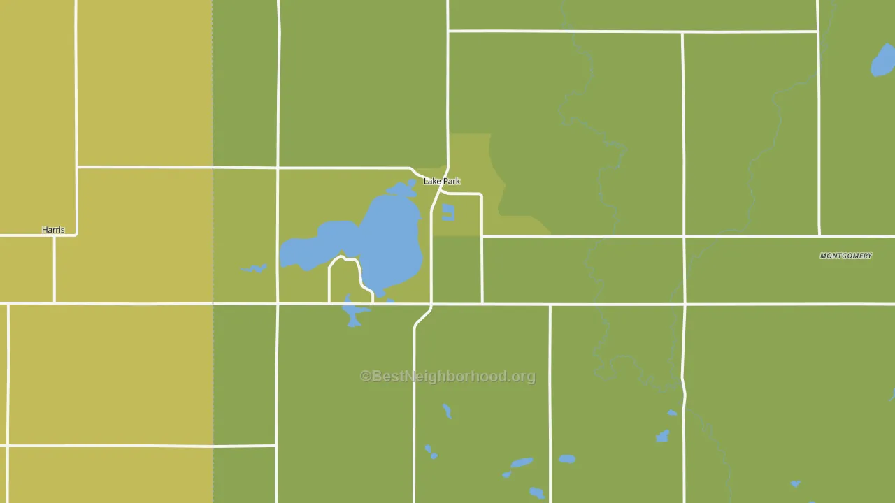 Map of the best neighborhoods in the Lake Park area, with better matches in green and worse matches in red