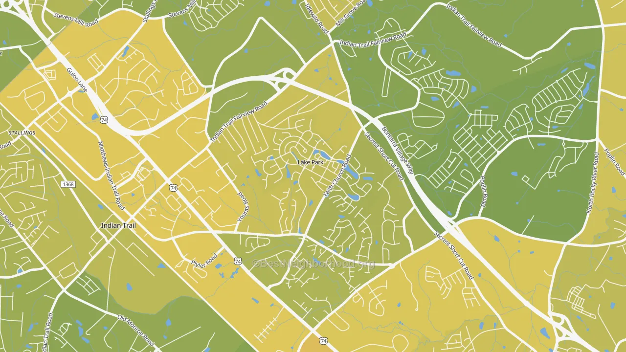 Map of the best neighborhoods in the Lake Park area, with better matches in green and worse matches in red