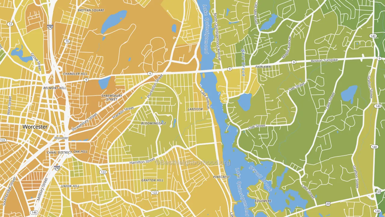 Map of the best neighborhoods in the Lake Park, Worcester area, with better matches in green and worse matches in red