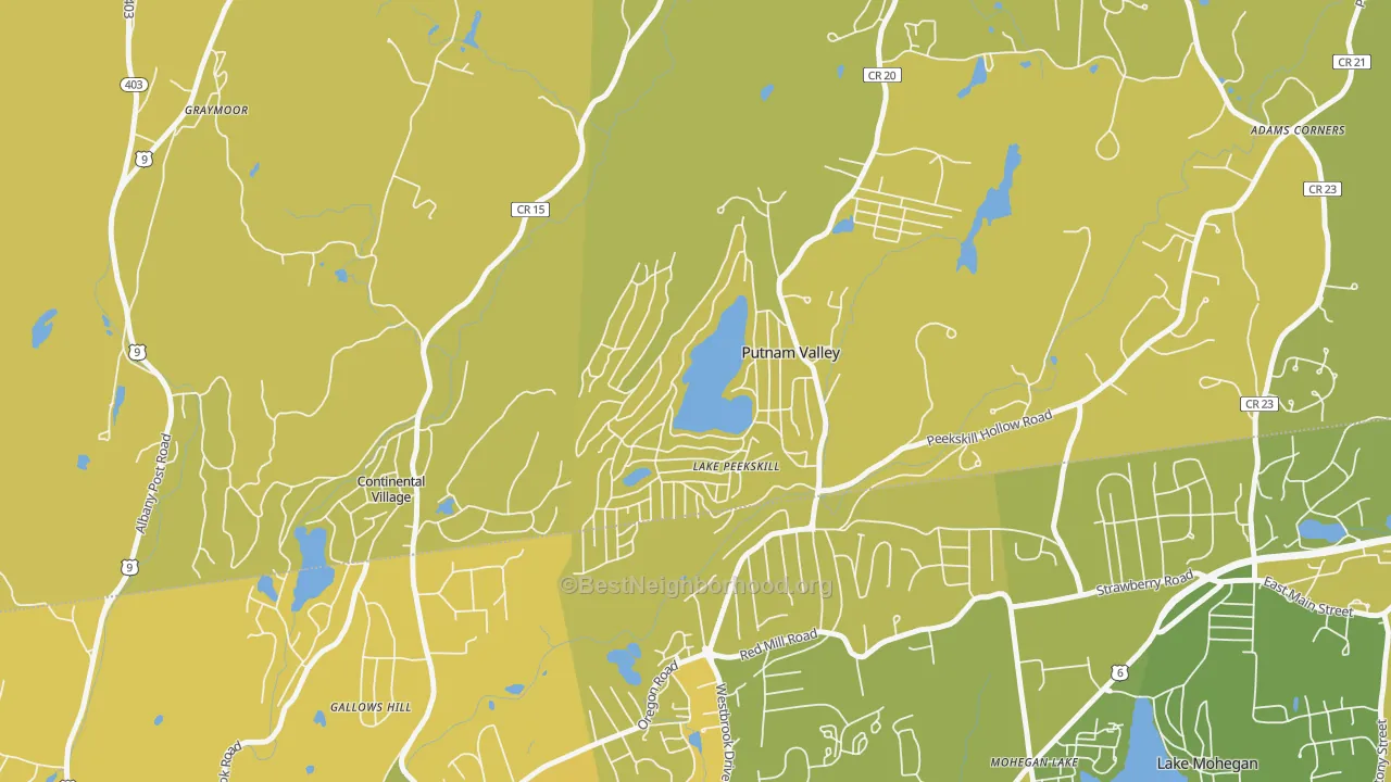 Map of the best neighborhoods in the Lake Peekskill area, with better matches in green and worse matches in red