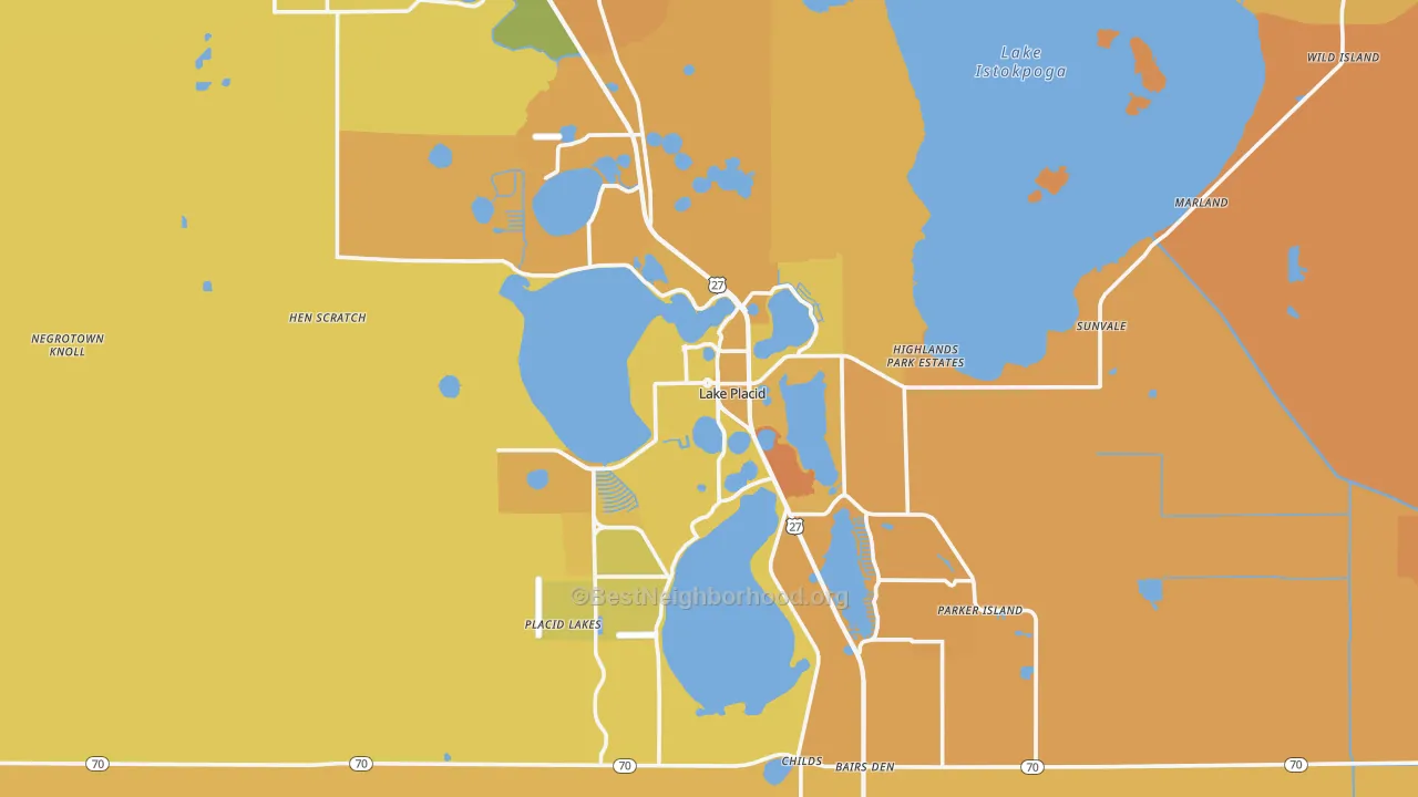 Map of the best neighborhoods in the Lake Placid area, with better matches in green and worse matches in red