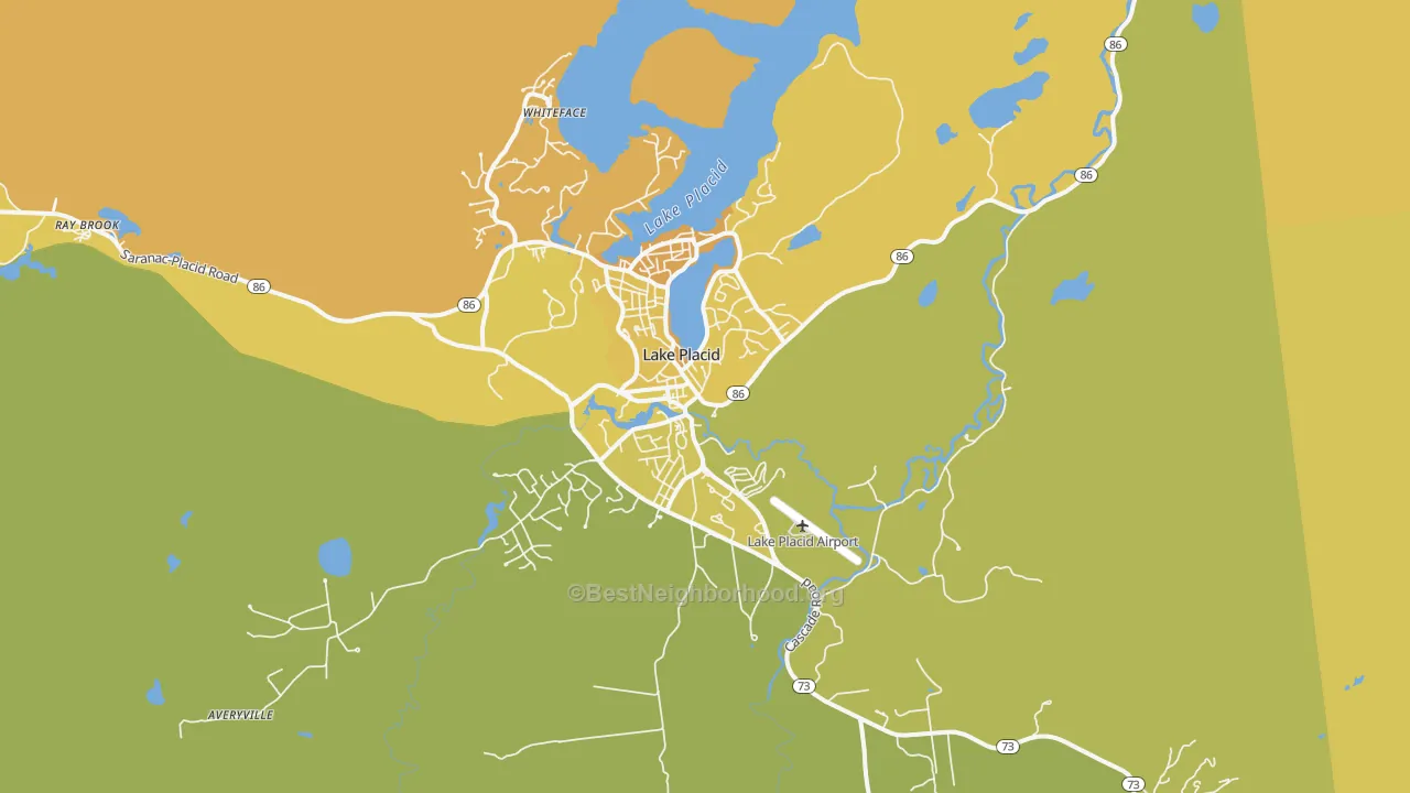 Map of the best neighborhoods in the Lake Placid area, with better matches in green and worse matches in red