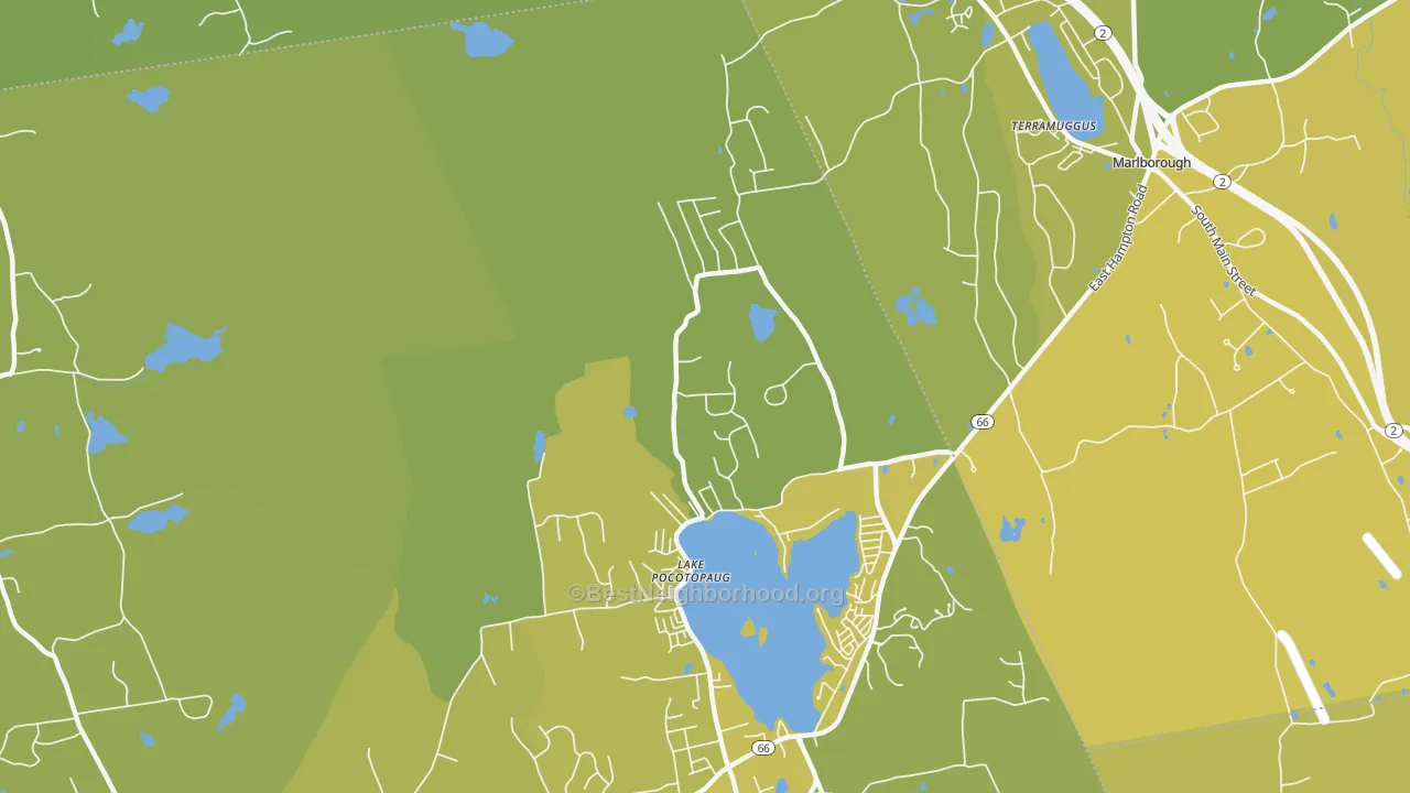 Map of the best neighborhoods in the Lake Pocotopaug area, with better matches in green and worse matches in red