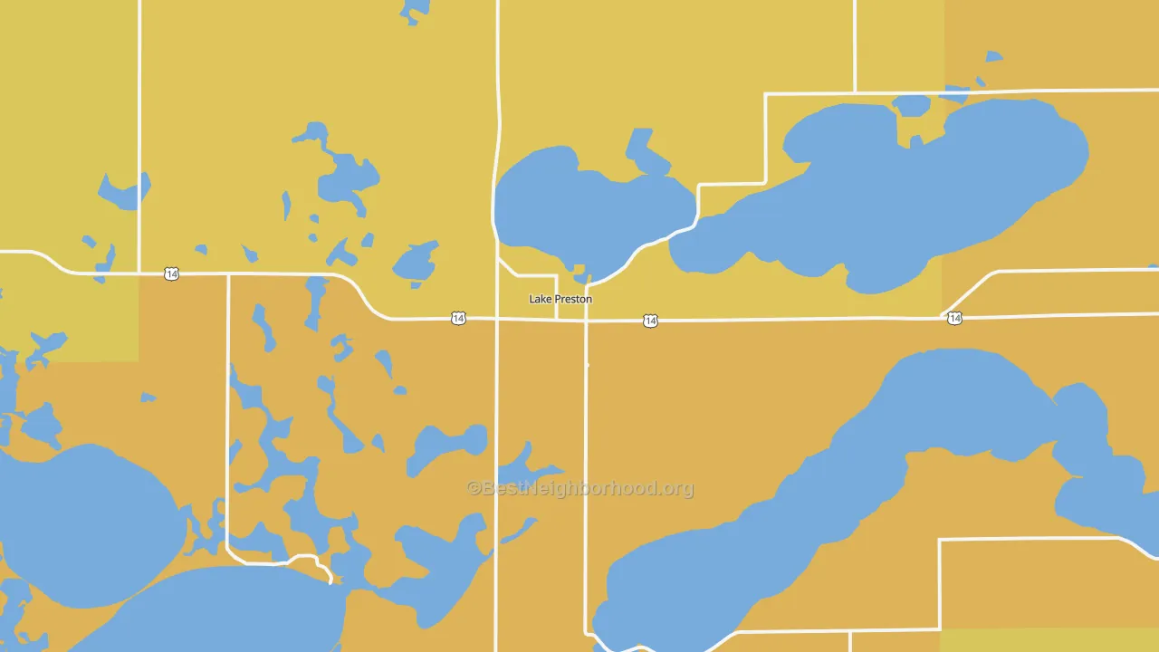 Map of the best neighborhoods in the Lake Preston area, with better matches in green and worse matches in red