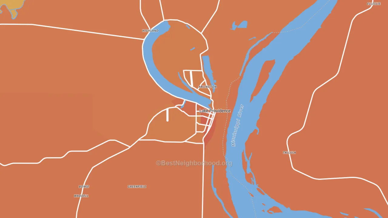 Map of the best neighborhoods in the Lake Providence area, with better matches in green and worse matches in red