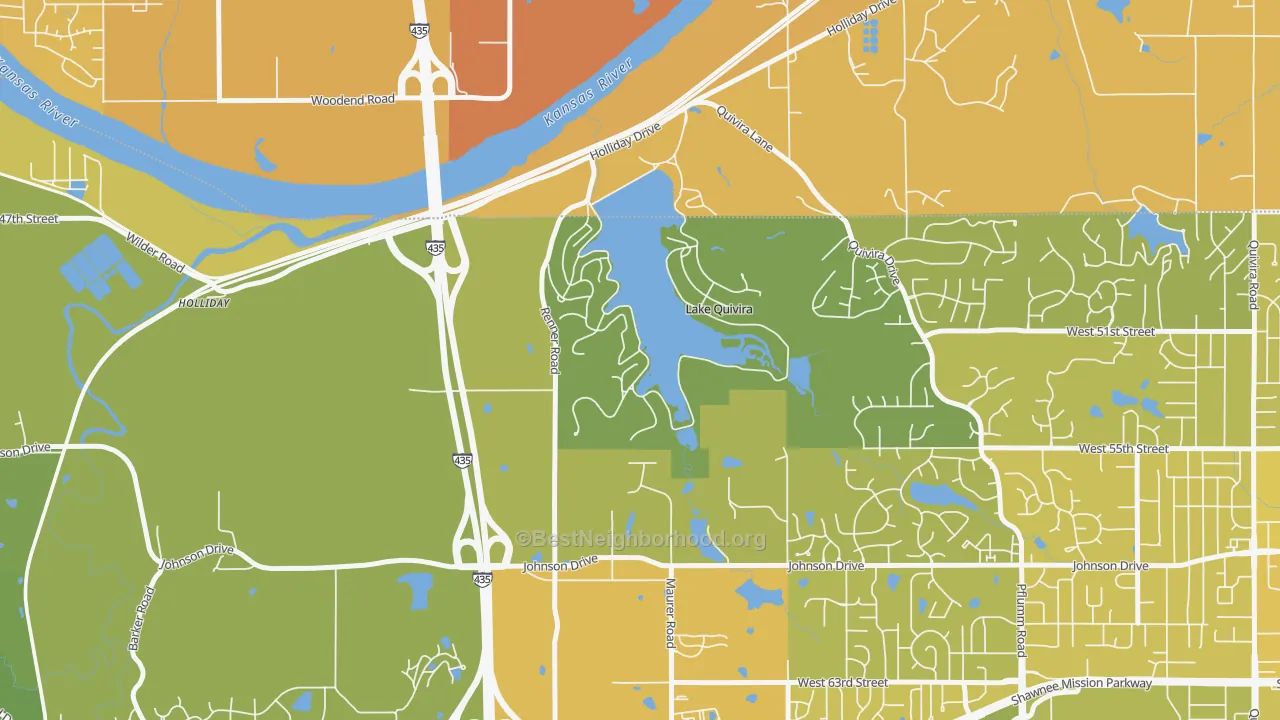 Map of the best neighborhoods in the Lake Quivira area, with better matches in green and worse matches in red