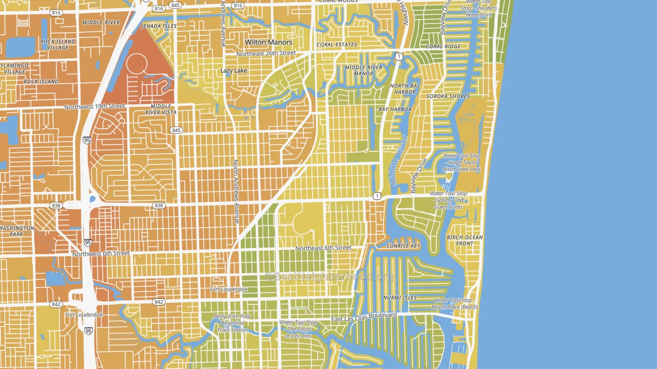 Map of the best neighborhoods in the Lake Ridge, Fort Lauderdale area, with better matches in green and worse matches in red