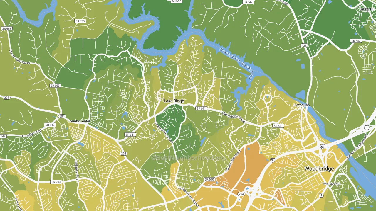 Map of the best neighborhoods in the Lake Ridge area, with better matches in green and worse matches in red