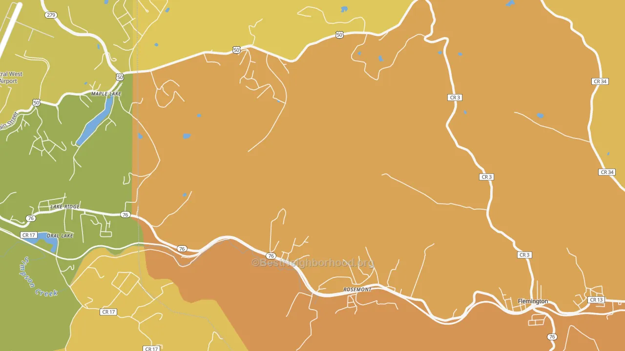 Map of the best neighborhoods in the Lake Ridge area, with better matches in green and worse matches in red