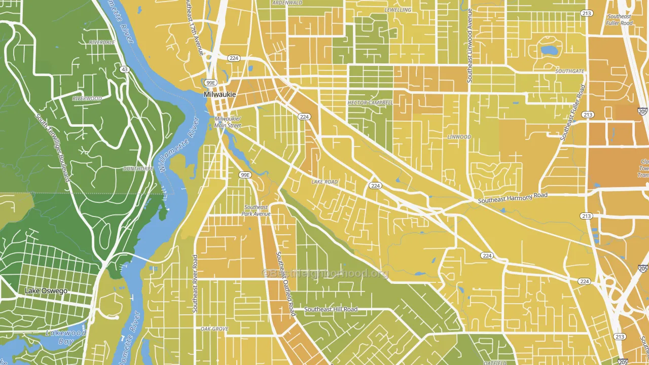 Map of the best neighborhoods in the Lake Road, Milwaukie area, with better matches in green and worse matches in red