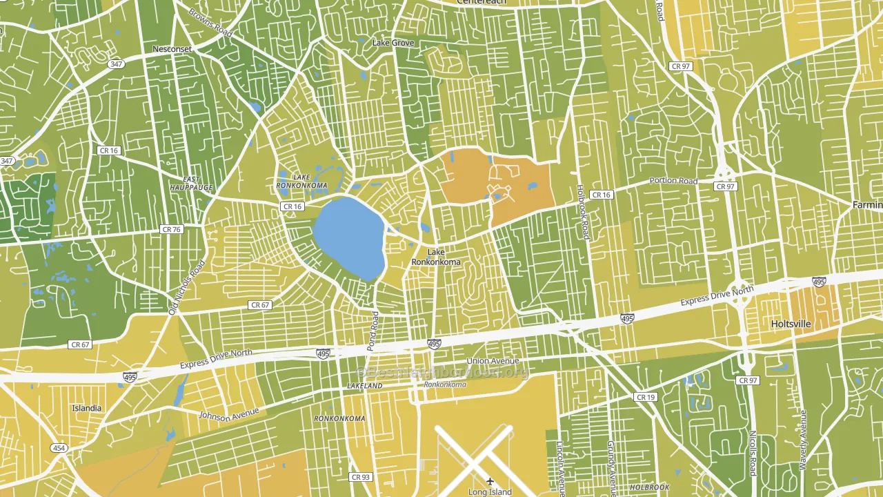 Map of the best neighborhoods in the Lake Ronkonkoma area, with better matches in green and worse matches in red