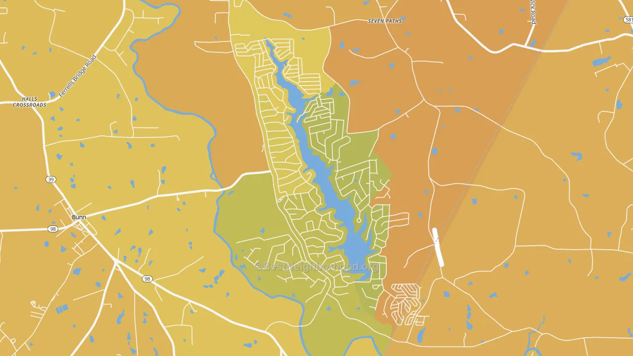 Map of the best neighborhoods in the Lake Royale area, with better matches in green and worse matches in red