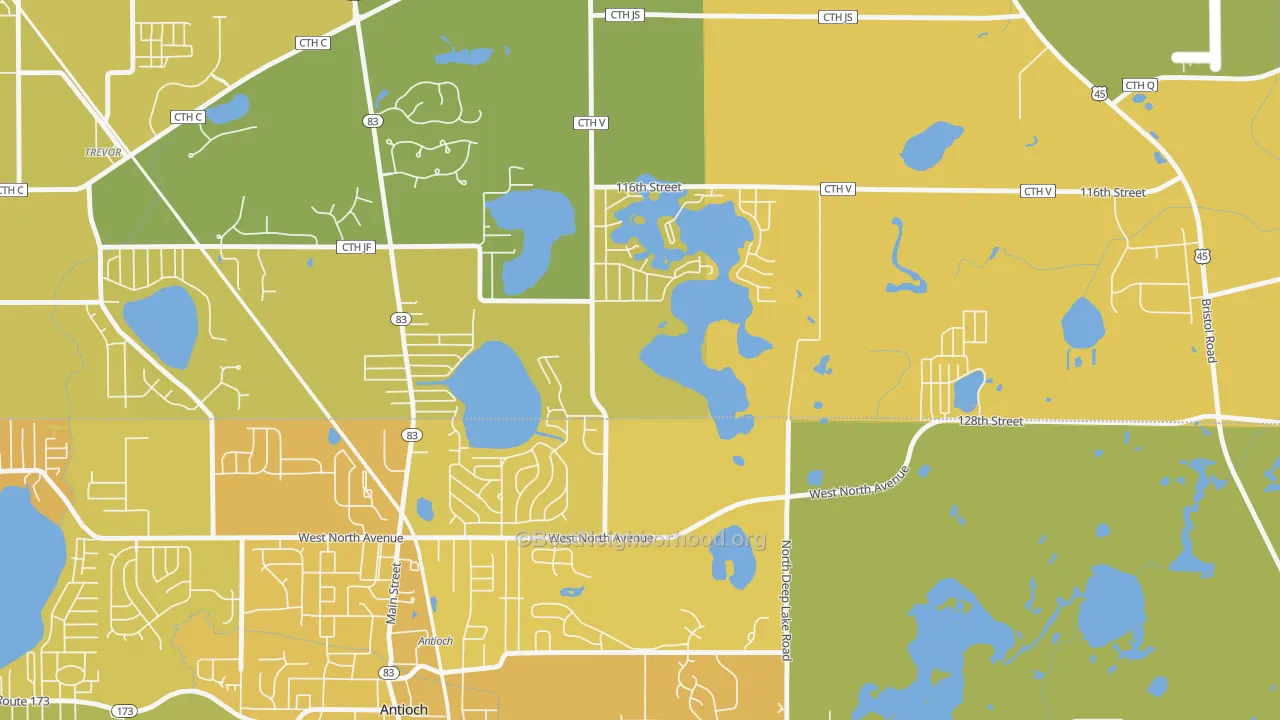 Map of the best neighborhoods in the Lake Shangrila area, with better matches in green and worse matches in red