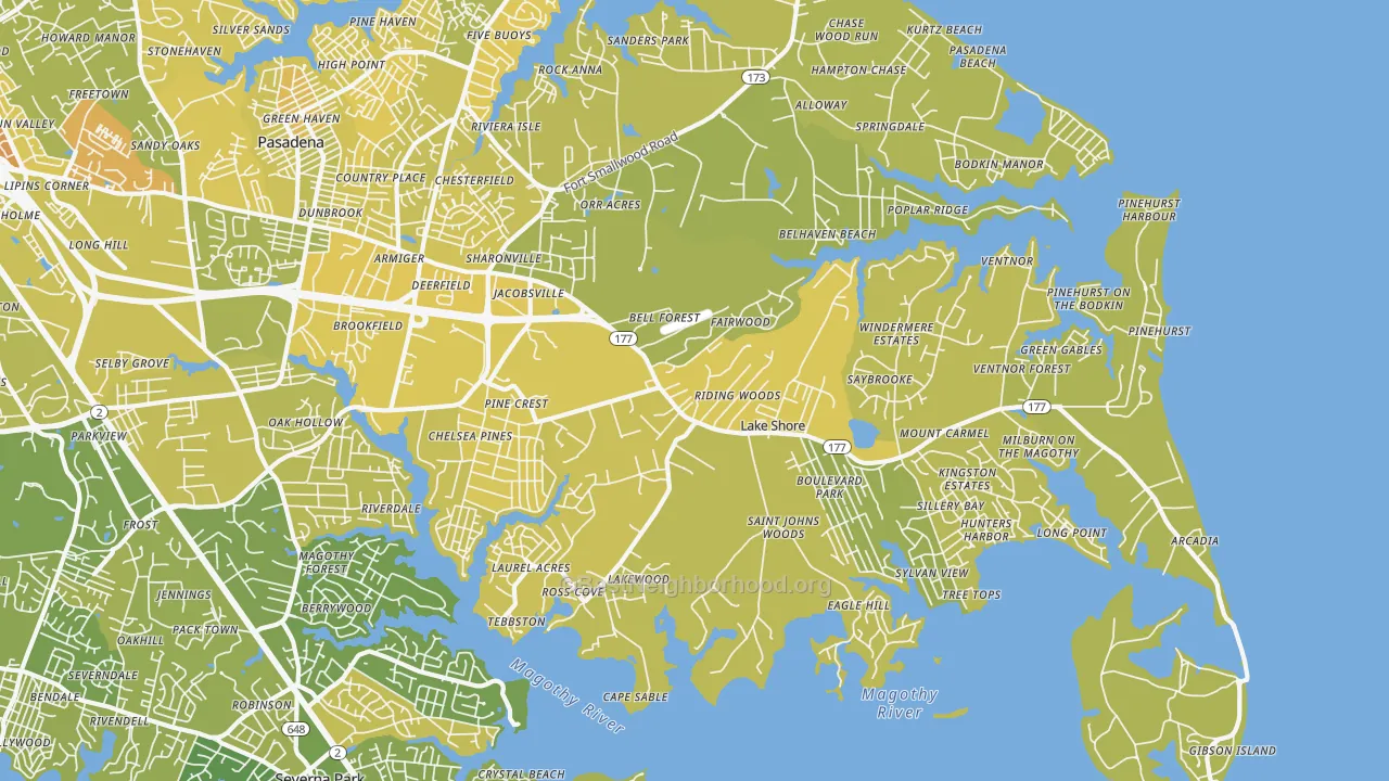 Map of the best neighborhoods in the Lake Shore area, with better matches in green and worse matches in red