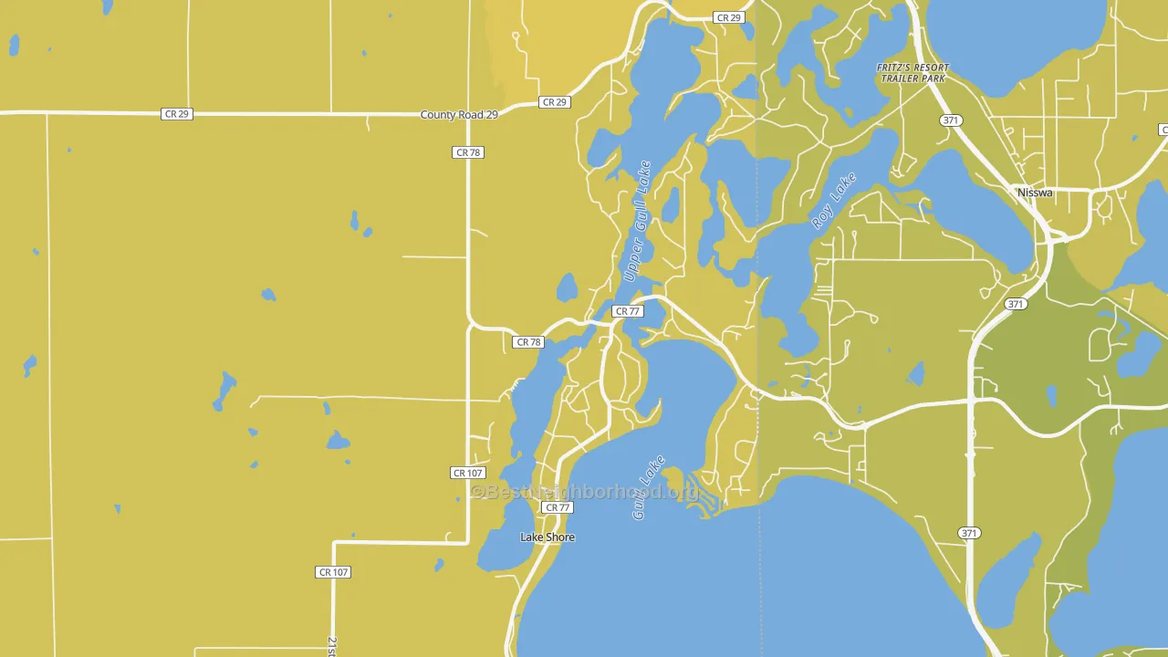 Map of the best neighborhoods in the Lake Shore area, with better matches in green and worse matches in red