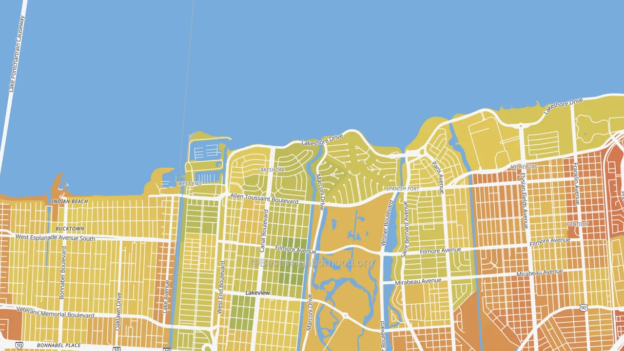 Map of the best neighborhoods in the Lake Shore, New Orleans area, with better matches in green and worse matches in red