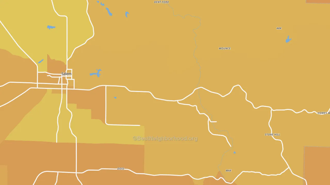 Map of the best neighborhoods in the Lake Spring area, with better matches in green and worse matches in red