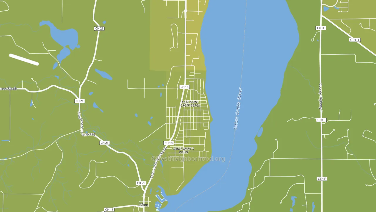 Map of the best neighborhoods in the Lake St. Croix Beach area, with better matches in green and worse matches in red