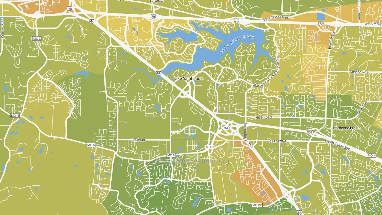 Map of the best neighborhoods in the Lake St. Louis area, with better matches in green and worse matches in red