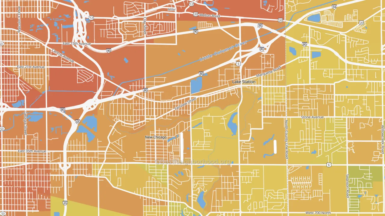 Map of the best neighborhoods in the Lake Station area, with better matches in green and worse matches in red