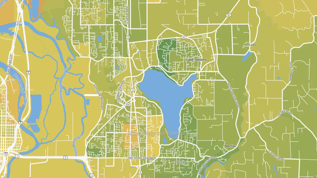 Map of the best neighborhoods in the Lake Stevens area, with better matches in green and worse matches in red