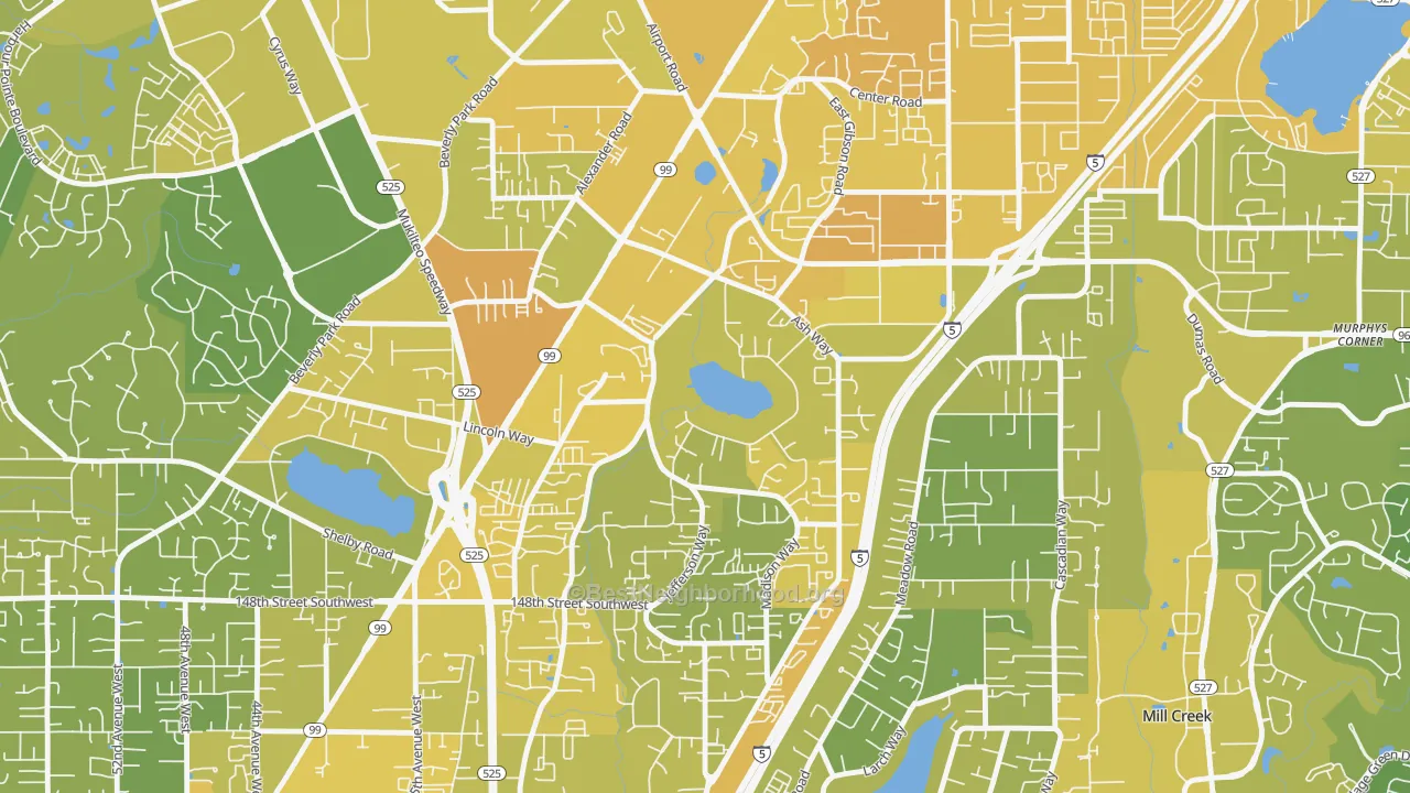 Map of the best neighborhoods in the Lake Stickney area, with better matches in green and worse matches in red