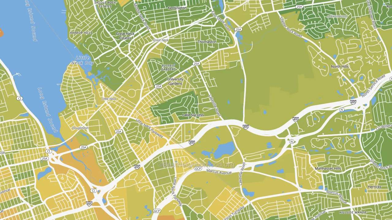 Map of the best neighborhoods in the Lake Success area, with better matches in green and worse matches in red