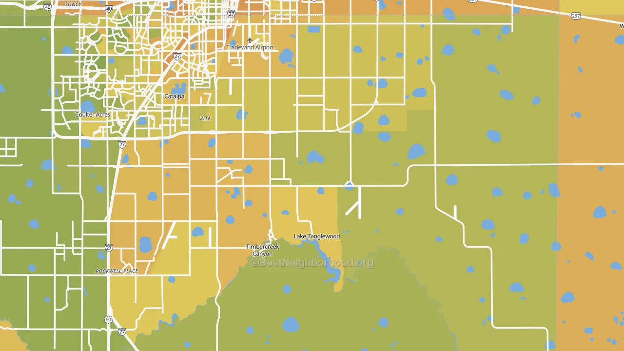 Map of the best neighborhoods in the Lake Tanglewood area, with better matches in green and worse matches in red