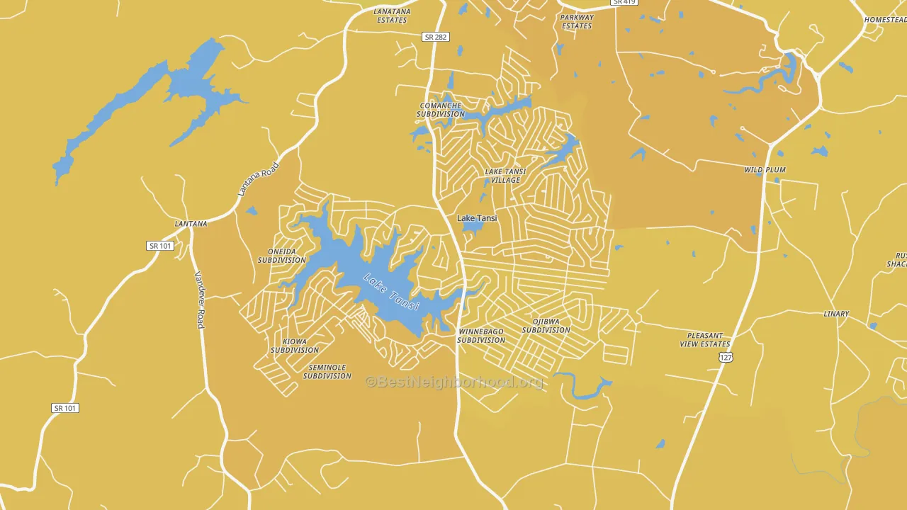 Map of the best neighborhoods in the Lake Tansi area, with better matches in green and worse matches in red