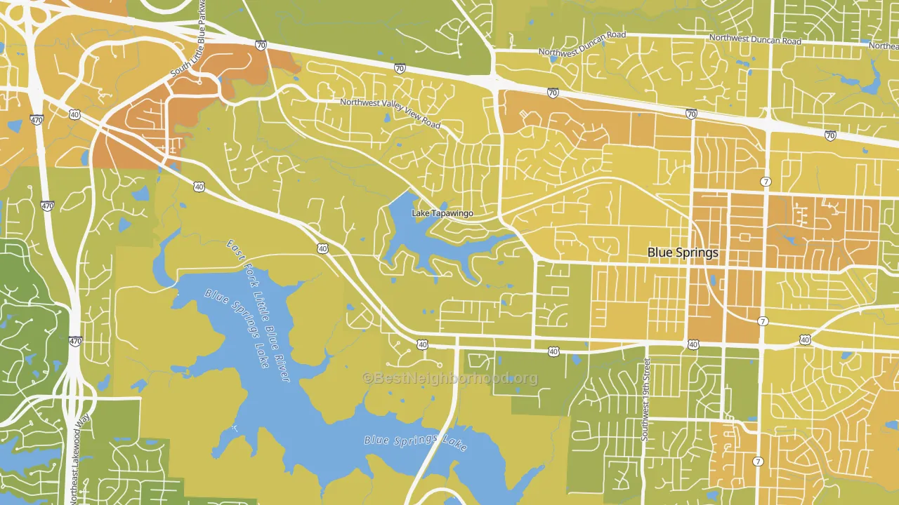 Map of the best neighborhoods in the Lake Tapawingo area, with better matches in green and worse matches in red