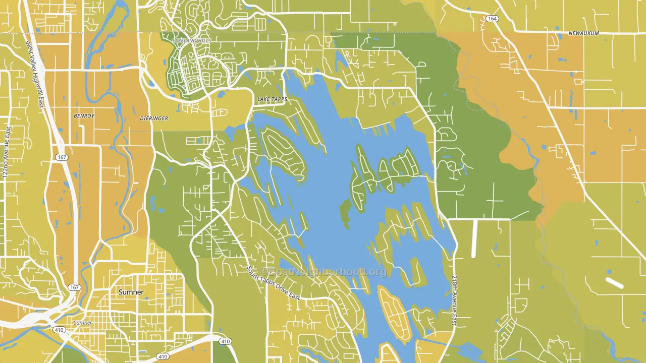 Map of the best neighborhoods in the Lake Tapps area, with better matches in green and worse matches in red