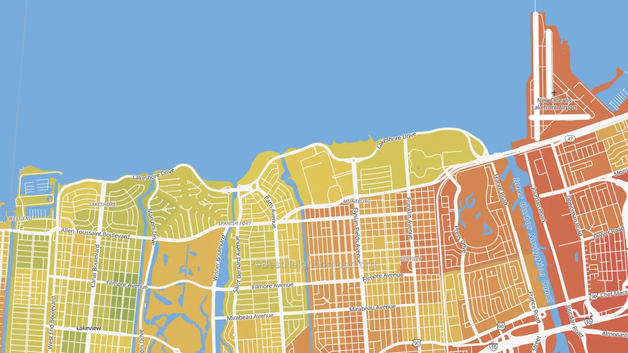 Map of the best neighborhoods in the Lake Terrace and Oaks, New Orleans area, with better matches in green and worse matches in red