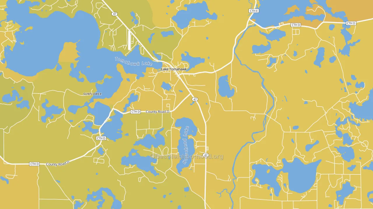 Map of the best neighborhoods in the Lake Tomahawk area, with better matches in green and worse matches in red