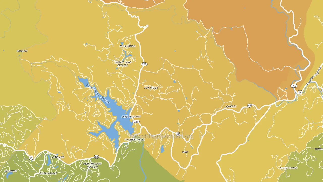 Map of the best neighborhoods in the Lake Toxaway area, with better matches in green and worse matches in red