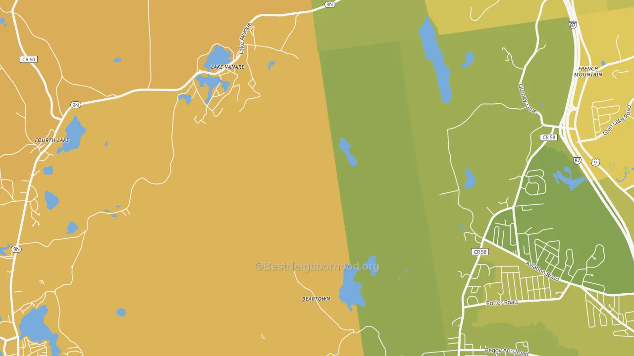 Map of the best neighborhoods in the Lake Vanare area, with better matches in green and worse matches in red