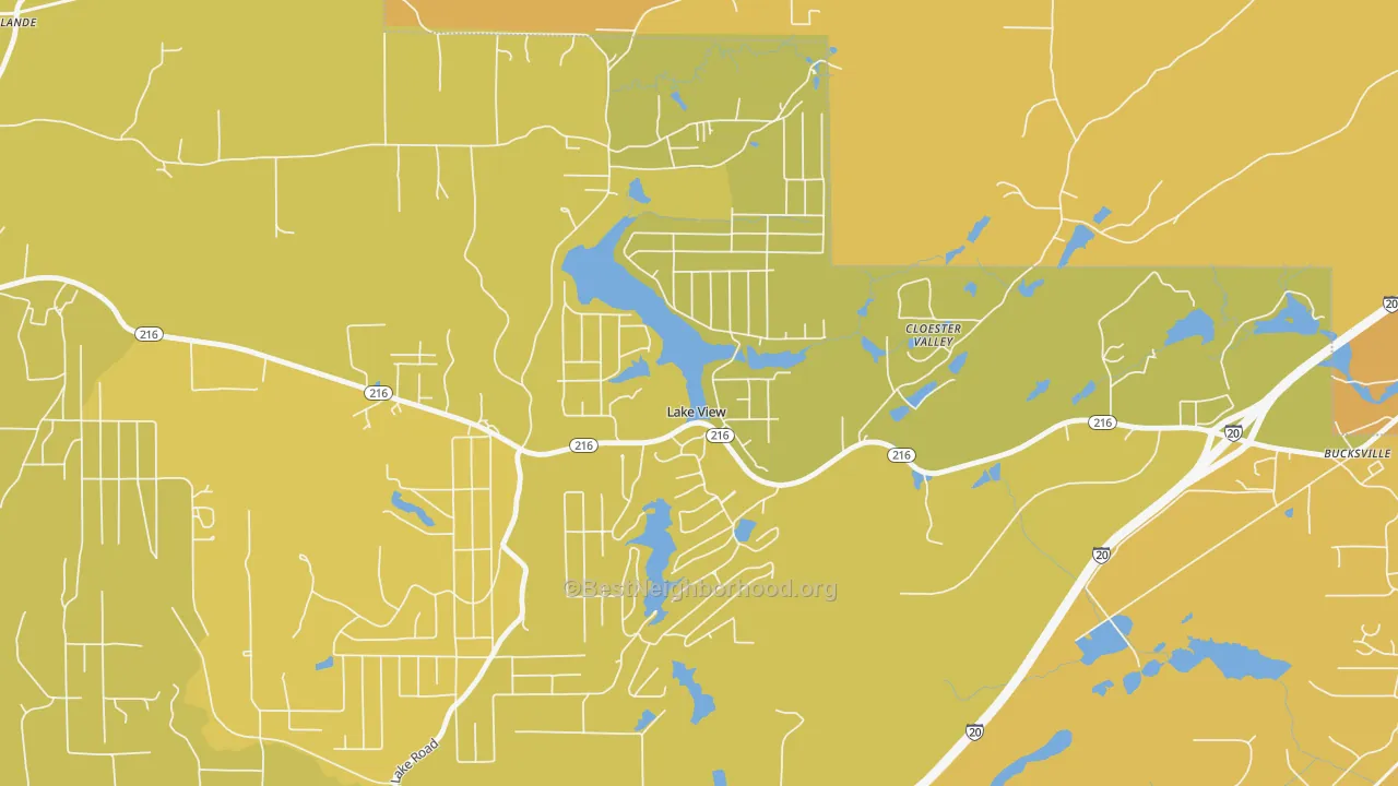 Map of the best neighborhoods in the Lake View area, with better matches in green and worse matches in red